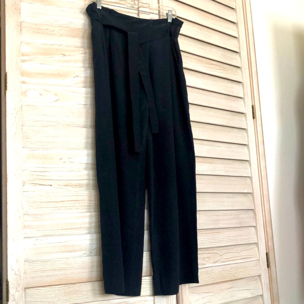 COS navy blue silk wide leg trousers